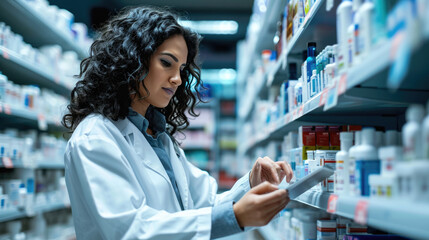 Female pharmacist or healthcare professional taking inventory or reviewing a clipboard in a pharmacy with shelves stocked with various medications.