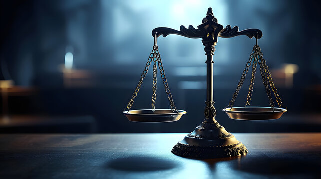 Scales of Justice in the dark Court Hall. Law concept of Judiciary, Jurisprudence and Justice. Copy space. Based on