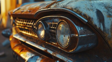 A detailed view of a weathered, rusty old car. Perfect for automotive industry websites or articles on vintage vehicles