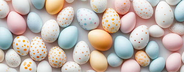 Pastel colored easter eggs speckled and painted with gold, top down view flatlay background