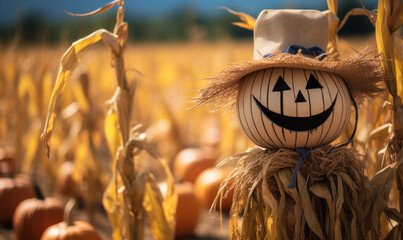 Cheerful Scarecrow with a Smiling Pumpkin Head in a Straw Hat Standing in a Golden Cornfield under a Blue Sky