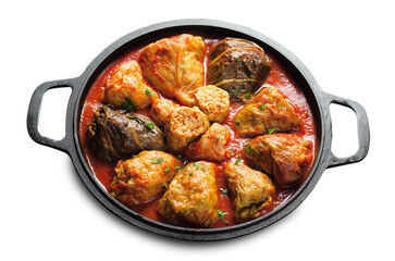 Cabbage Rolls with Ground Meat, Rice and Vegetables also known as Sarma, Golubtsy, Dolma on White Background Isolated