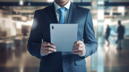 Businessman holding a tablet background office