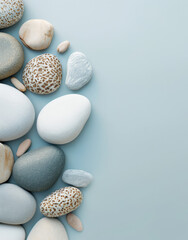 Assorted pebbles lined up against a grey gradient background, peaceful and calming.