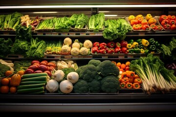 Overflowing vegetables in grocery store. Generative AI