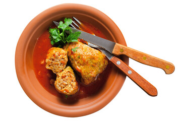 Cabbage Rolls with Ground Meat, Rice and Vegetables also known as Sarma, Golubtsy, Dolma on White Background Isolated