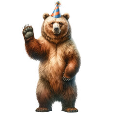 A festive grizzly bear wearing a birthday party hat and waving cheerfully, isolated on transparent background. - obrazy, fototapety, plakaty