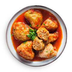 Cabbage Rolls with Ground Meat, Rice and Vegetables also known as Sarma, Golubtsy, Dolma on White Background Isolated