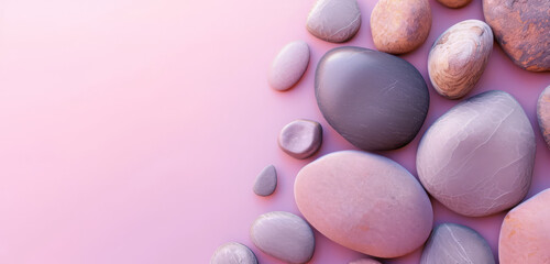 Fototapeta na wymiar A variety of smooth stone pebbles on a soft violet surface.