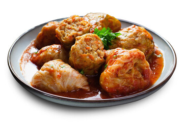 Cabbage Rolls with Ground Meat, Rice and Vegetables also known as Sarma, Golubtsy, Dolma on White Background Isolated
