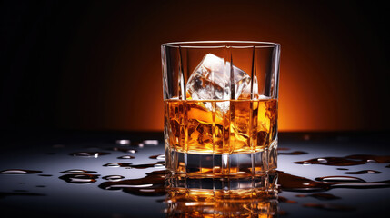 A wide glass of scotch or whiskey with an ice cube on a wet black table.