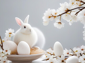Naklejka na ściany i meble Cute Easter bunny with eggs and flowers on light grey backgound