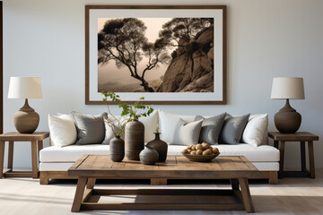 Picture the tranquility of a living room featuring white and dark brown sofas with a wooden table. 
