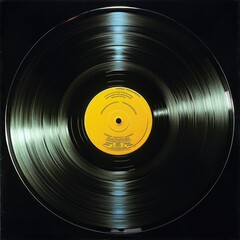 A black record with a yellow label, perfect for music enthusiasts and vintage lovers