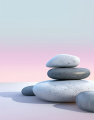 Assorted pebbles lined up against a colourful gradient background, peaceful and calming.