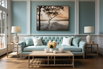 Picture the tranquility of a living room featuring light blue and aqua sofas around a wooden table. 
