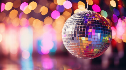 Obraz premium Colorful disco ball, blurred disco lights in background