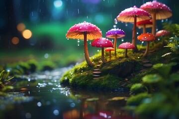 mushrooms in the forest near a water stream - obrazy, fototapety, plakaty