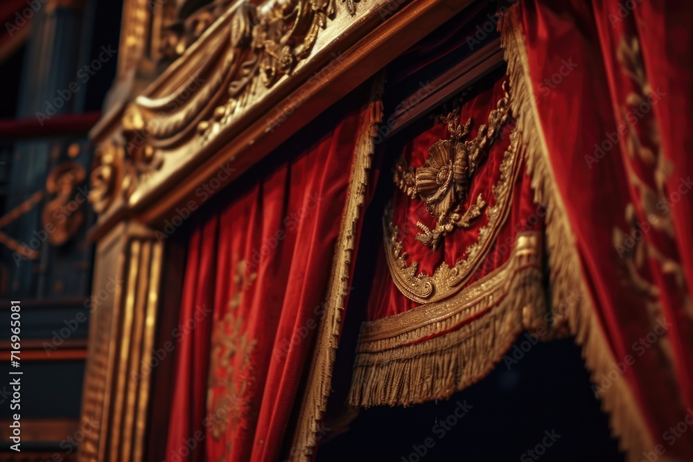 Poster A vibrant red and gold curtain with a clock hanging on it. Perfect for adding a touch of elegance and sophistication to any room.