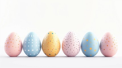 A lineup of pastel-colored Easter eggs adorned with multicolored polka dots