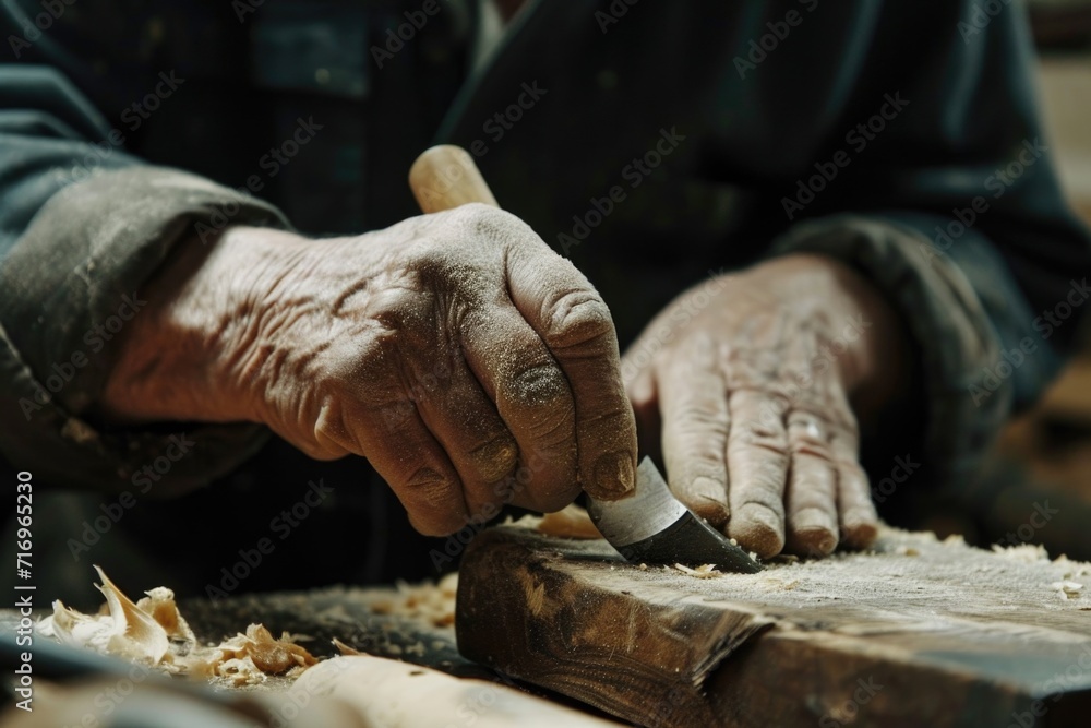 Poster a detailed view of a person carving a piece of wood. this image can be used to depict craftsmanship,