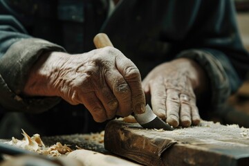 A detailed view of a person carving a piece of wood. This image can be used to depict craftsmanship, woodworking, or the creation of handmade objects