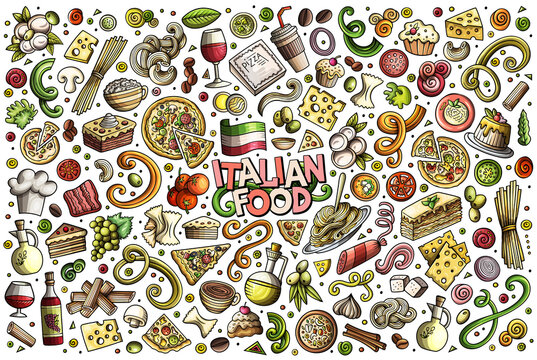 Italian food cartoon objects set