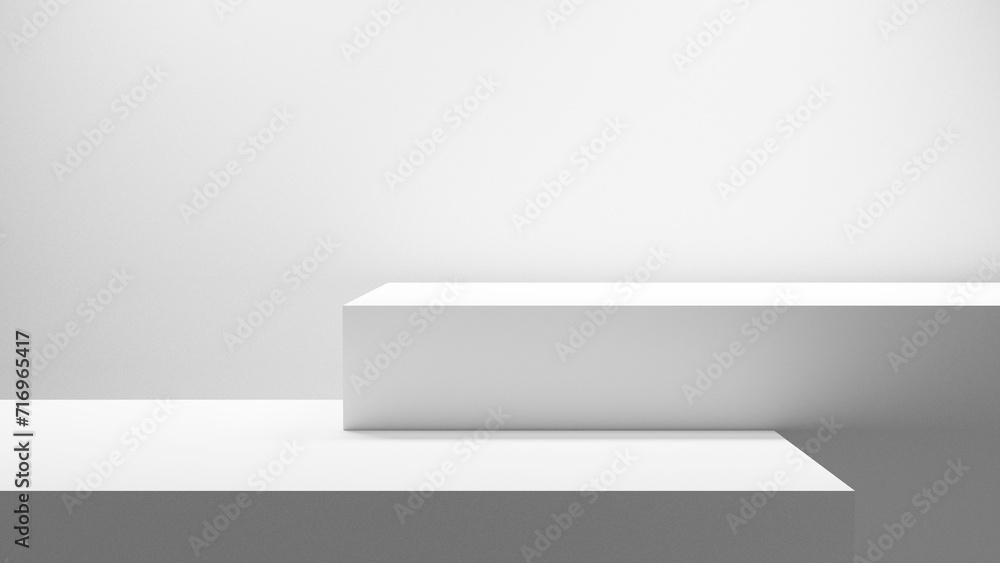 Poster Empty white abstract table - platform with empty space for product placement and design solutions, blank illuminated white background, blank bright step platform white background