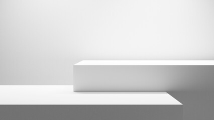 Empty white abstract table - platform with empty space for product placement and design solutions, blank illuminated white background, blank bright step platform white background - obrazy, fototapety, plakaty