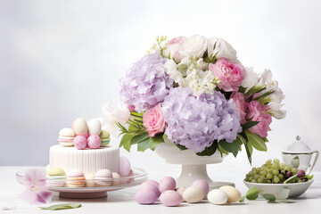 Easter cake and eggs on white background with bouquet of flowers. Happy Easter