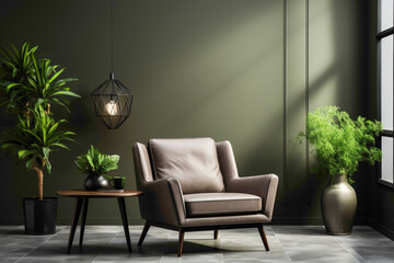 Relax in sophistication on a dark color single sofa chair paired with a delightful little plant, against a refined solid wall hosting a blank empty frame for your personalized message. - obrazy, fototapety, plakaty