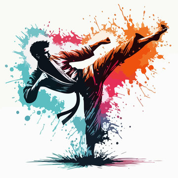 silhouette doing karate kick with paint splashes