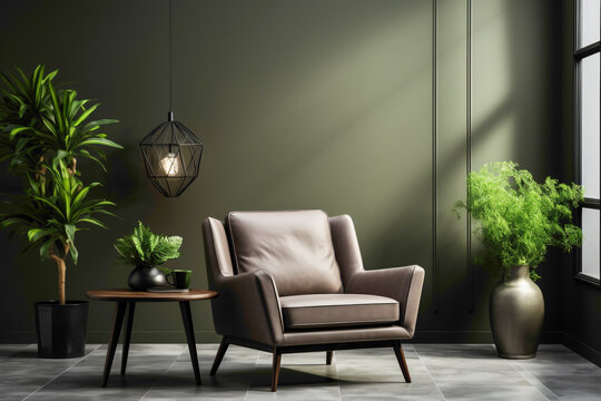 Fototapeta Relax in sophistication on a dark color single sofa chair paired with a delightful little plant, against a refined solid wall hosting a blank empty frame for your personalized message.