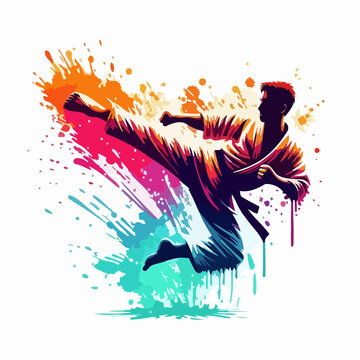 silhouette of karate man jumping with a kick with paint splashes