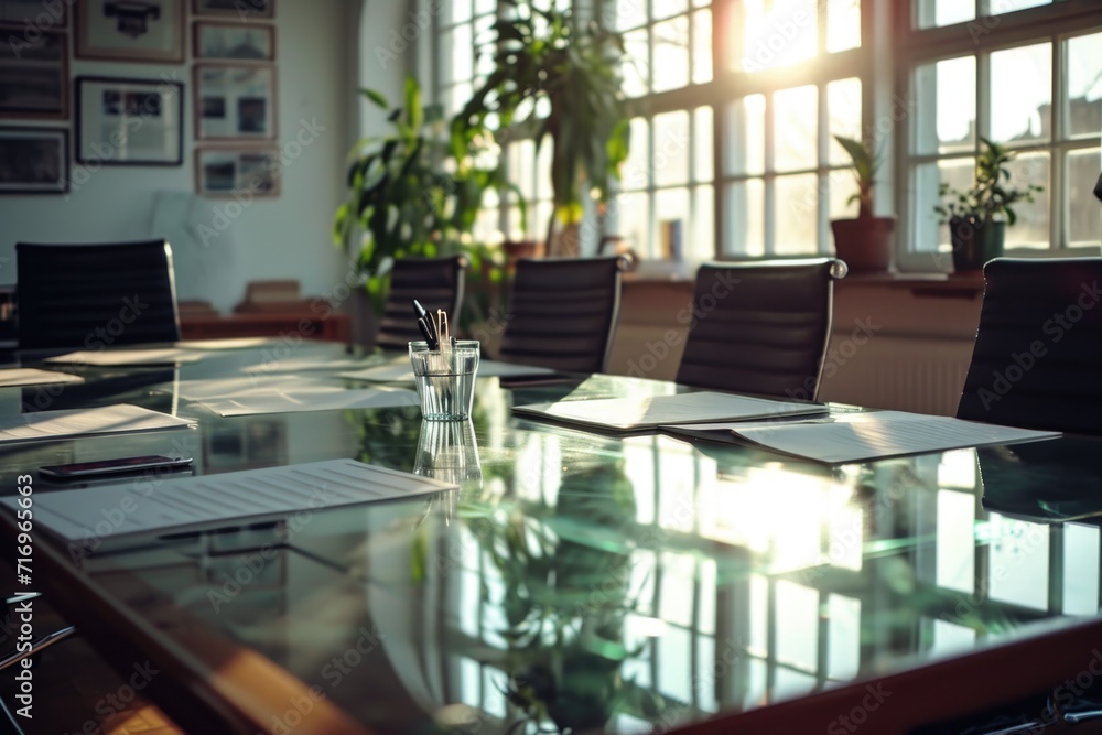 Poster a glass table with papers and pens on it. ideal for office or workspace scenes