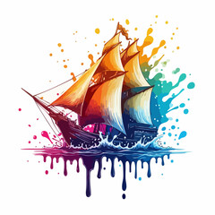 ship on black, silhouette of a sailing ship with paint splashes