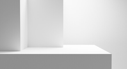 Blank white podium platform for product placement and design, empty space white table with bright light isolated on white wall, empty gray gradient room with blank podium, abstract forms background