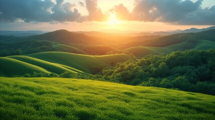 Sunrise and green hills