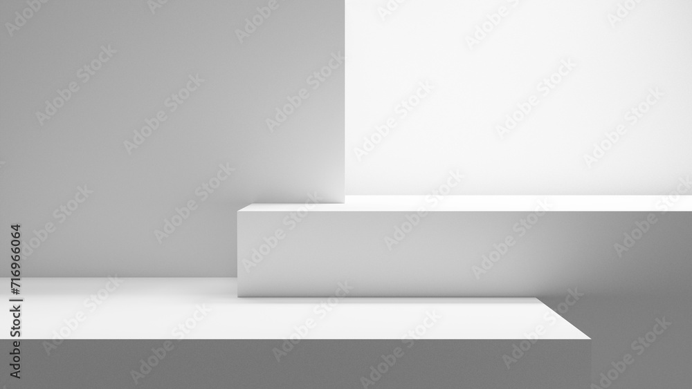 Fototapete Empty abstract blank table - empty copy space for design and product display, blank white space background illuminated with bright light, white empty geometrical background stage for product placement