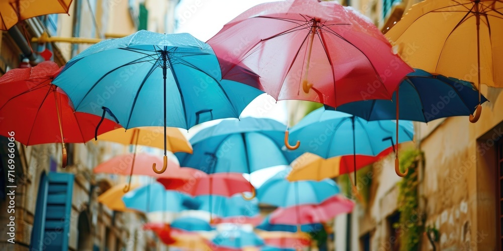 Poster Colorful umbrellas hanging from the ceiling. Perfect for adding a pop of color and whimsy to any space