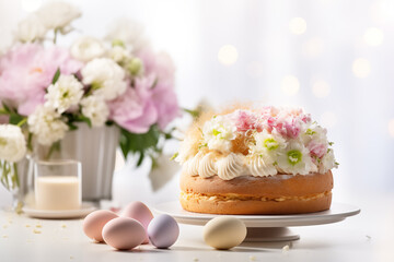 Fototapeta na wymiar Easter cake and eggs on white background with bouquet of flowers. Happy Easter