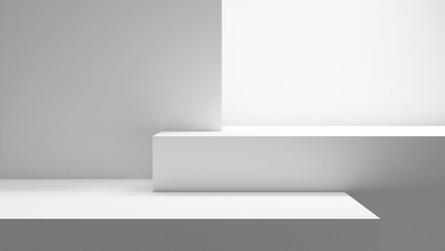 Empty abstract blank table - empty copy space for design and product display, blank white space background illuminated with bright light, white empty geometrical background stage for product placement