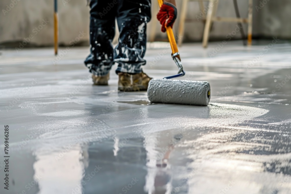 Poster a person using a paint roller to paint a concrete floor. can be used for diy projects or home improv