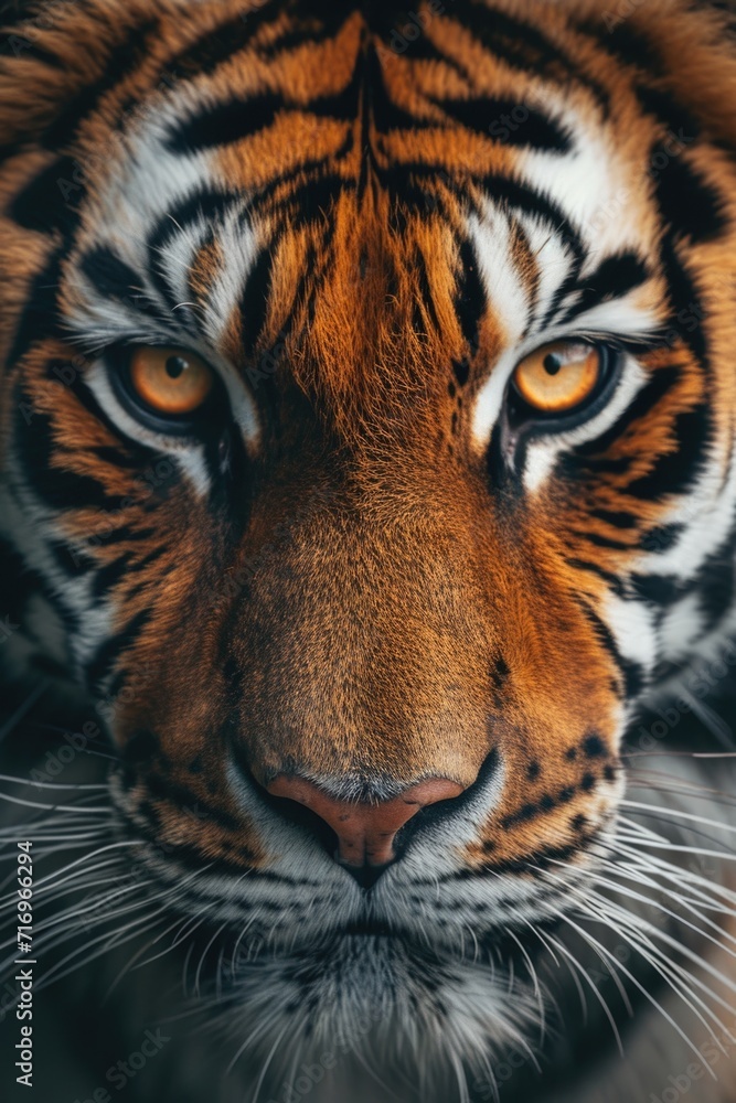 Poster a close-up photograph of a tiger's face with a blurry background. this image can be used to depict t