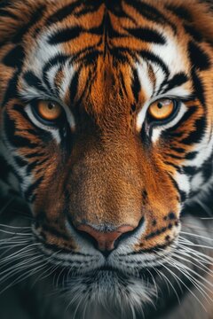 A close-up photograph of a tiger's face with a blurry background. This image can be used to depict the beauty and intensity of wild animals in their natural habitat