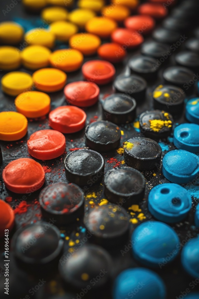 Poster A close-up view of a bunch of buttons arranged neatly on a table. This versatile image can be used for various themes and concepts