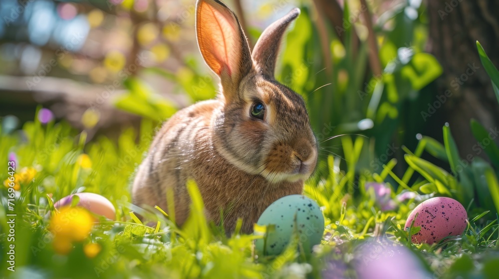 Poster a rabbit sitting in the grass next to some eggs. great for easter-themed projects