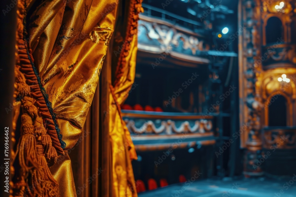 Poster a stage with a beautiful curtain and an elegant chandelier. ideal for theater productions or events.