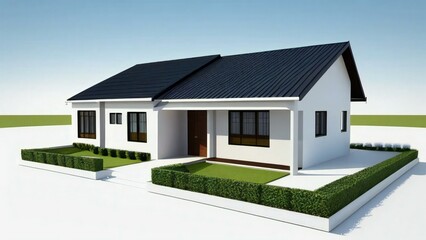 Fototapeta na wymiar Sharp and elegant 3D model of a house on a blank white canvas. Concept for real estate or property.