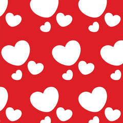 Seamless pattern of simple red hearts isolated on white for wrapping paper or fabric. Hand drawn style. Vector illustration. For Valentine's day.